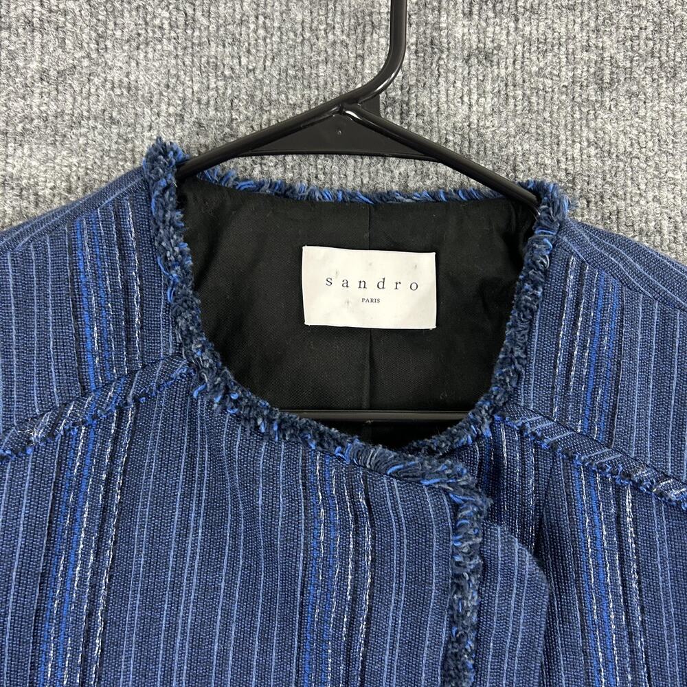 Sandro Blazer 38  Egyptien Blue Blucy Asymmetrical Tweed Fringe Crop Jacket Blue - Picture 5 of 16